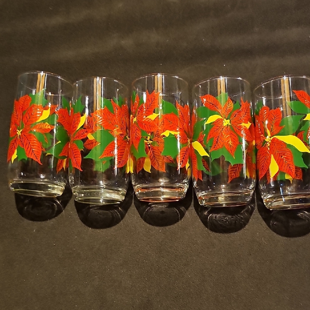 MCM VINTAGE 5 Festive Poinsettia Glass Tumblers 60's High Ball Retro Christmas